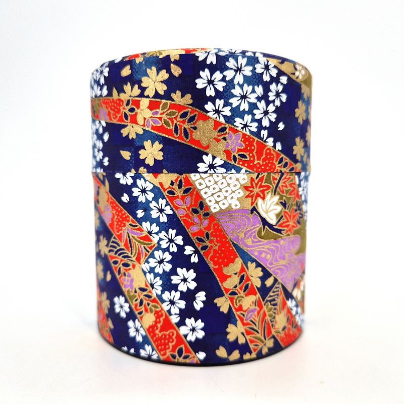 Boîte à thé japonaise bleu en papier washi, YUZEN RIBON, 150 g