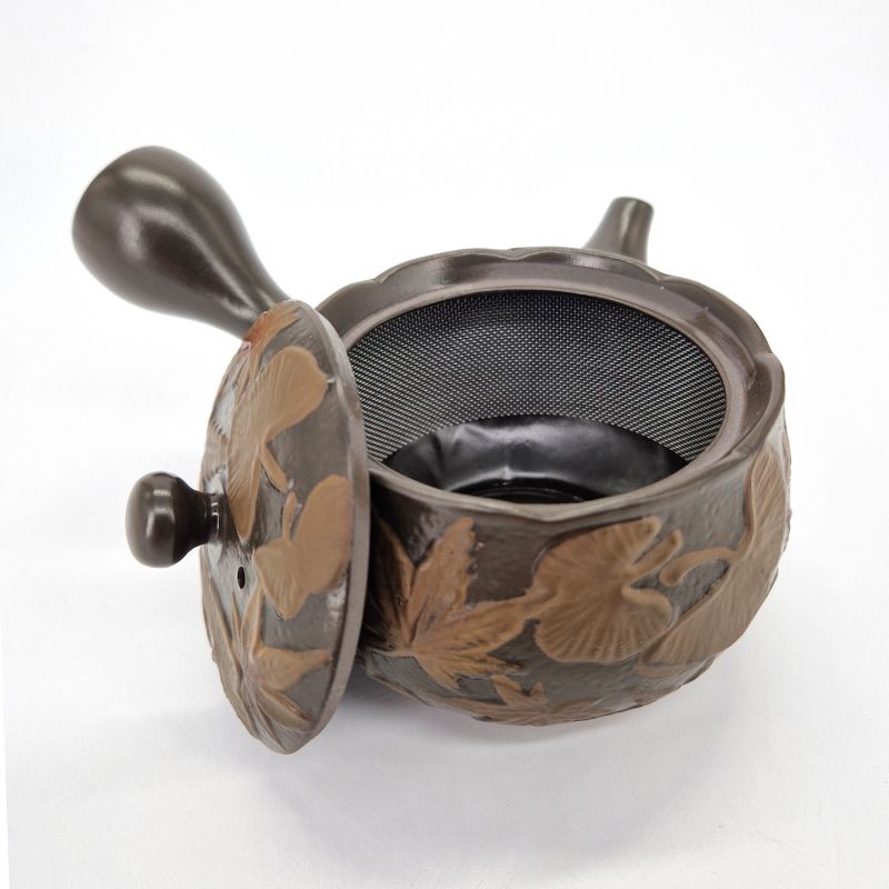 Japanese brown tokoname kyusu teapot with leaf patterns, GINKGO, 200 cc
