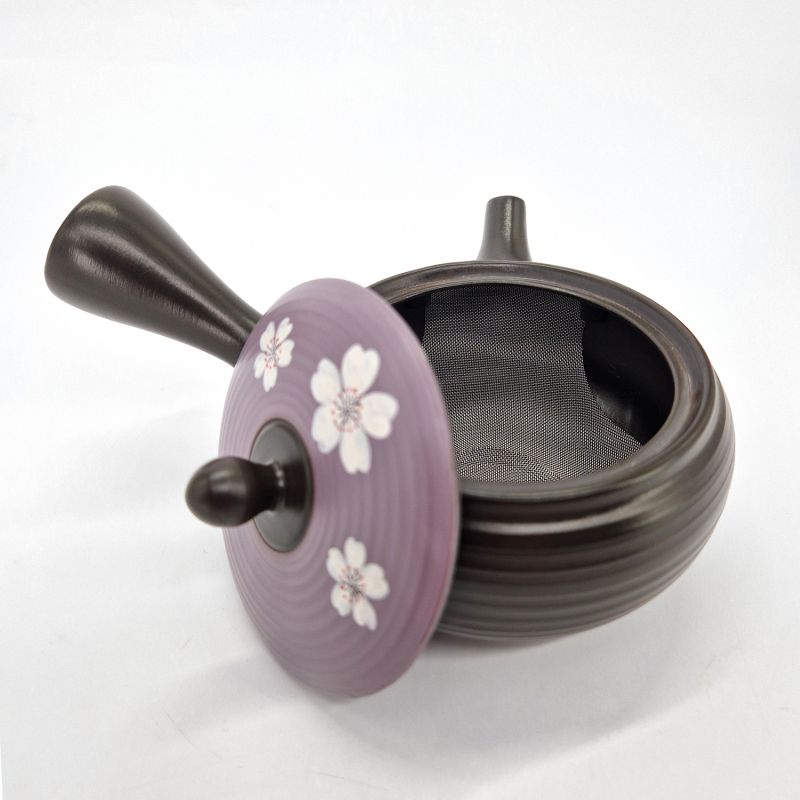 Teiera giapponese kyusu tokoname motivo floreale nero e viola, HANA, 230cc