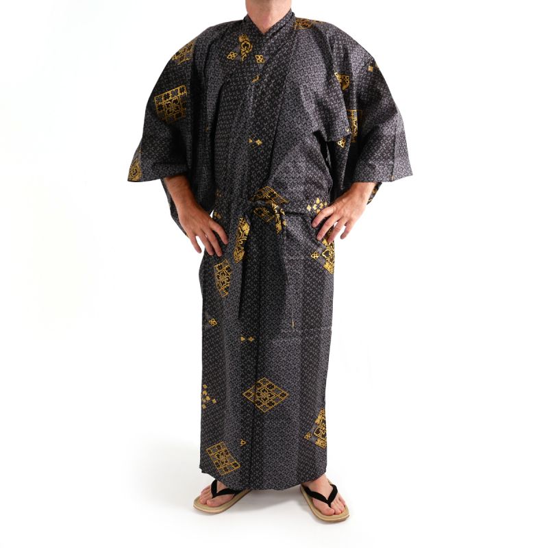 Men's black cotton Yukata -HANABISHI