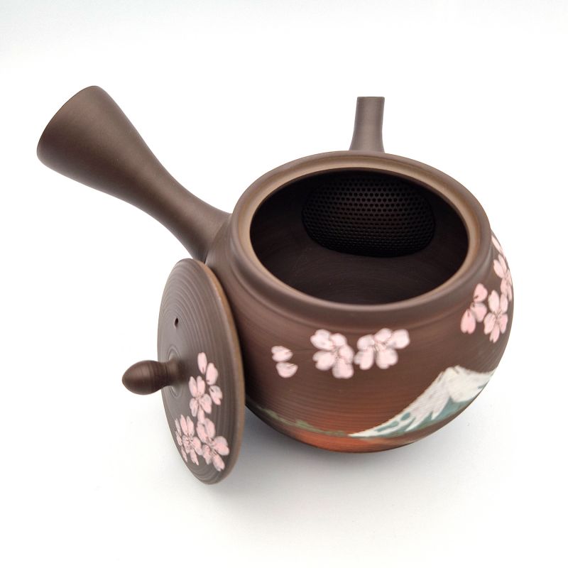 Japanese Tokoname kyusu teapot in brown earthenware with cherry blossom and mountain pattern, FUJI