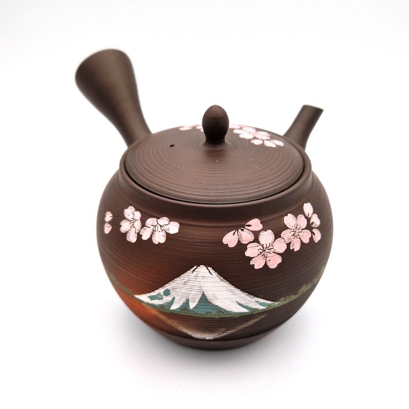 Japanische Tokoname-Kyusu-Teekanne aus braunem Steingut mit Kirschblüten- und Bergmuster, FUJI