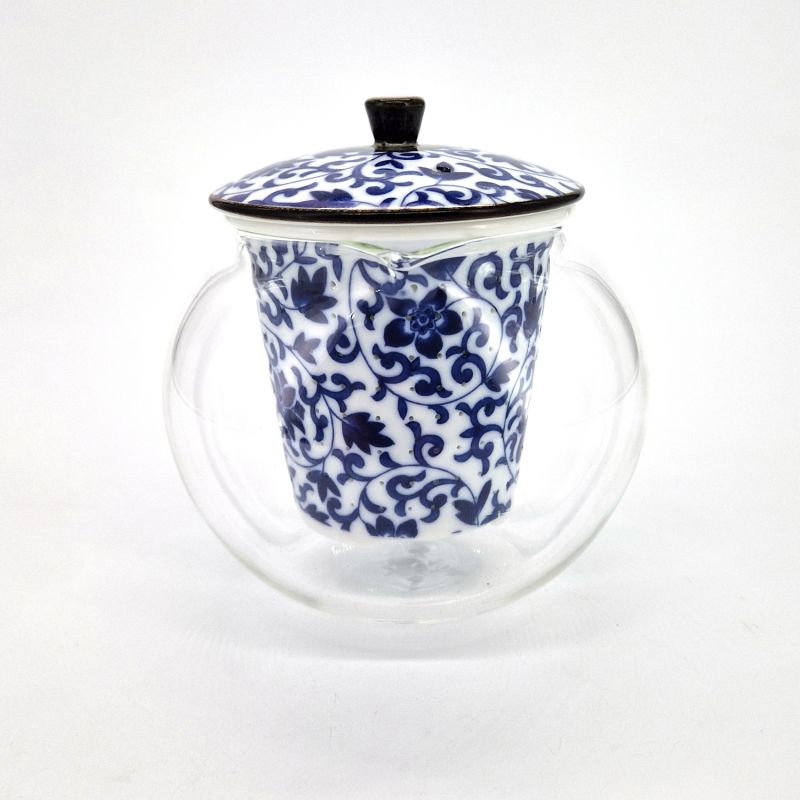 Tetera japonesa de cerámica y cristal blanca y azul, GARASU, 500cc
