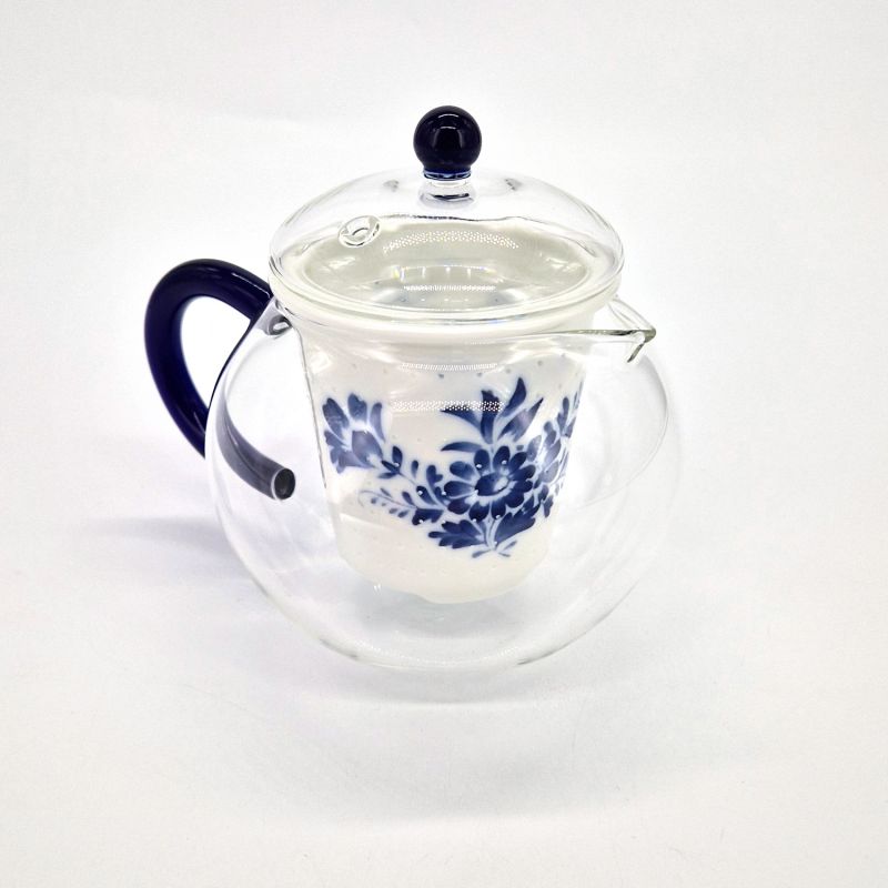 Japanese white and blue flower ceramic and glass teapot, HANA, 500cc