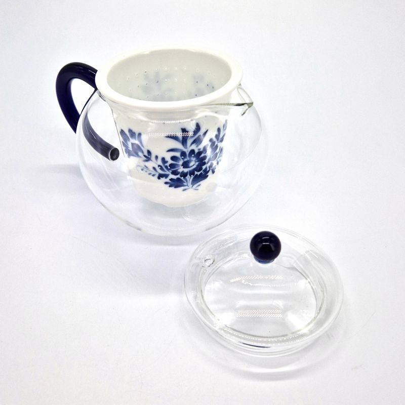 Japanische Teekanne aus Keramik und Glas mit weißen und blauen Blumen, HANA, 500 cc