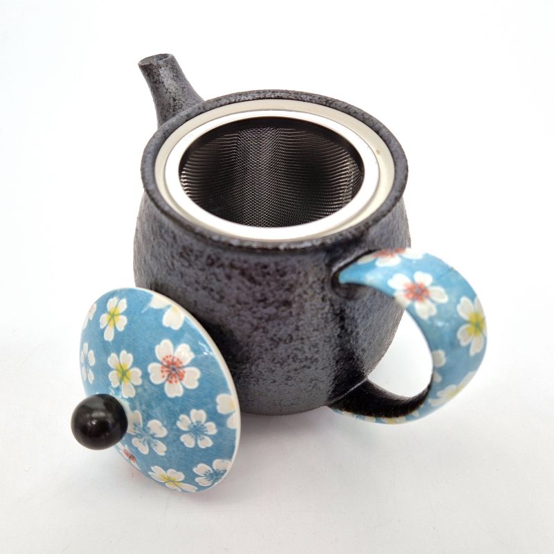 Japanese ceramic teapot with handle, blue and gray - HANA, 500 cc