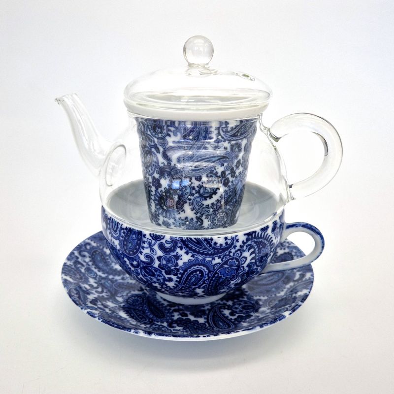Tetera japonesa de cerámica y cristal flores blancas y azules con taza y platillo, GARASU, 300cc
