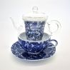 Japanese ceramic and glass white and blue flowers teapot with cup and saucer, GARASU, 300cc