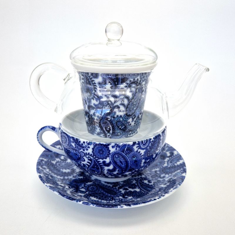 Japanese ceramic and glass white and blue flowers teapot with cup and saucer, GARASU, 300cc