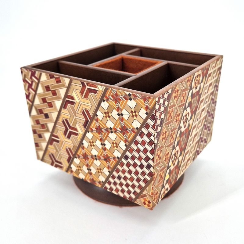 Remote control box on turntable, YOSEGI covered with traditional Hakone marquetry