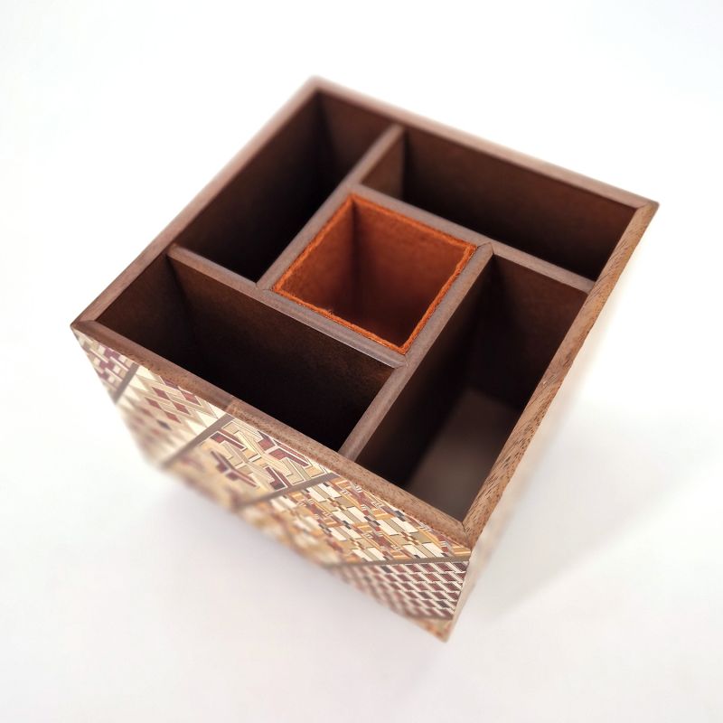 Remote control box on turntable, YOSEGI covered with traditional Hakone marquetry