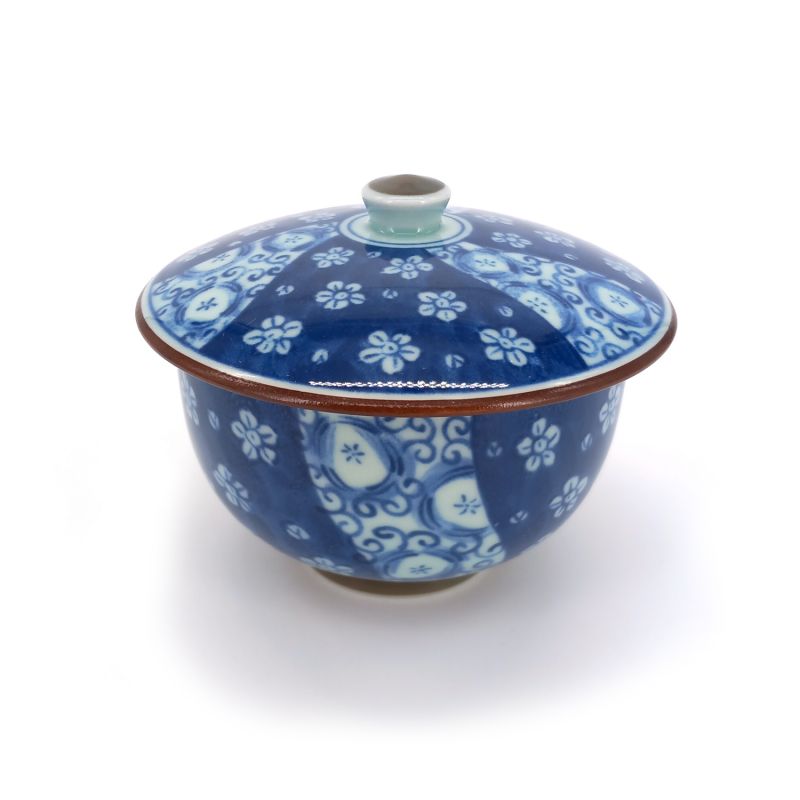 Japanese Chawanmushi tea bowl with lid, blue flowers, Ume Komon