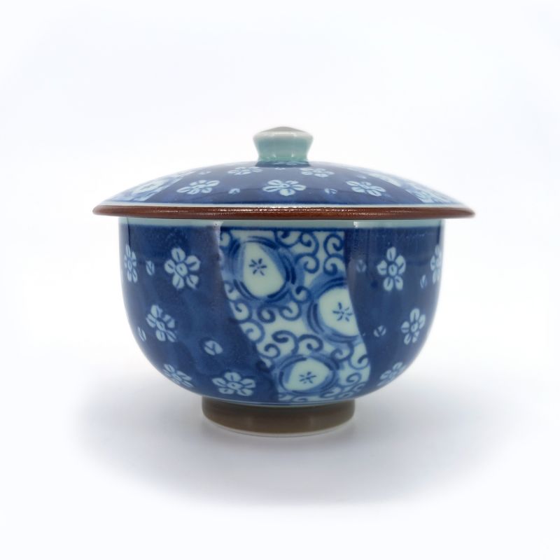 Japanese Chawanmushi tea bowl with lid, blue flowers, Ume Komon