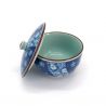 Japanese Chawanmushi tea bowl with lid, blue flowers, Ume Komon