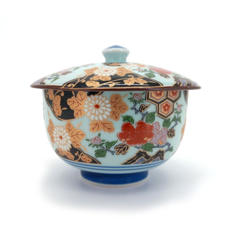 Japanese ceramic Chawanmushi tea bowl with lid, floral pattern - BOTAN