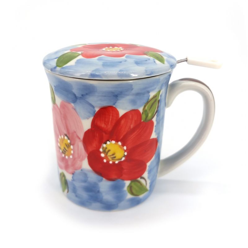 Japanische Teetasse aus Keramik mit Deckel und Filter, Blumenmuster, FURAWAZU