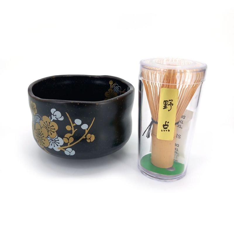 Japanese tea ceremony bowl with whisk - TENMUME UME