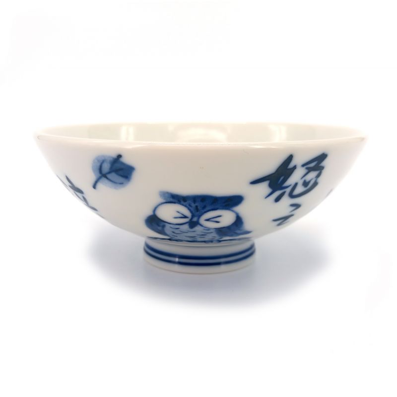 bol à riz japonais en céramique bleu et blanc,FUKURO, hibou