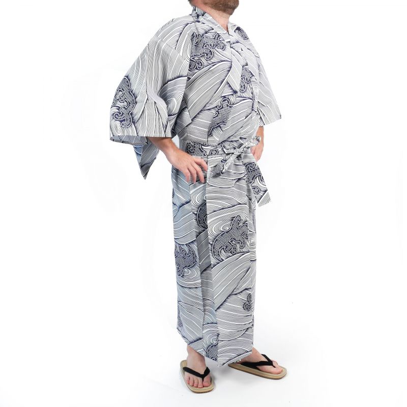 Yukata giapponese in cotone blu e bianco per uomo - NAMI