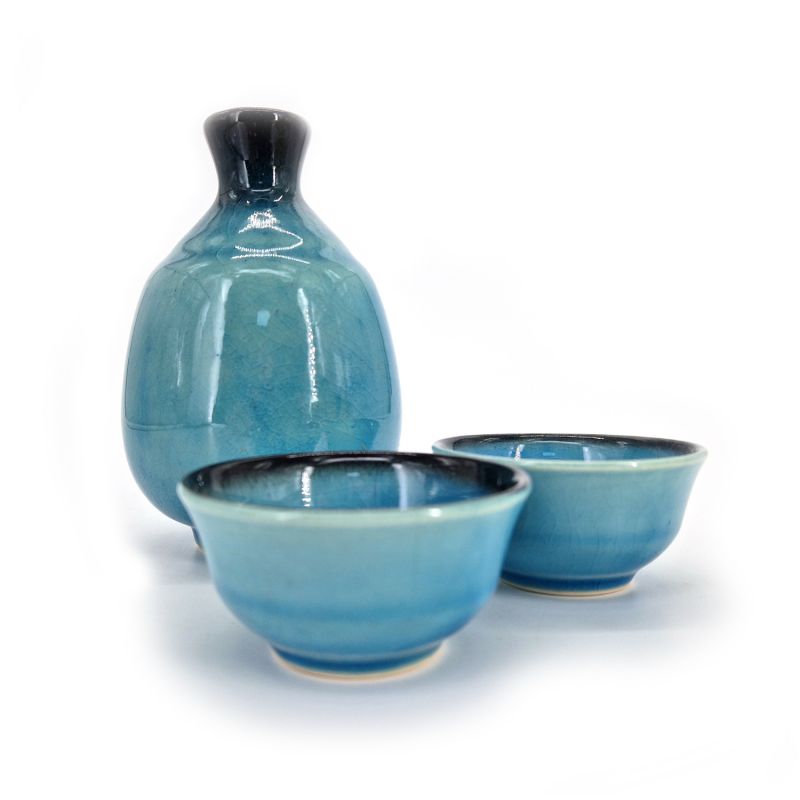 Japanese ceramic sake service, 1 bottle and 2 cups, RAGUN, lagoon blue