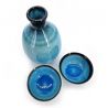 Japanese ceramic sake service, 1 bottle and 2 cups, RAGUN, lagoon blue