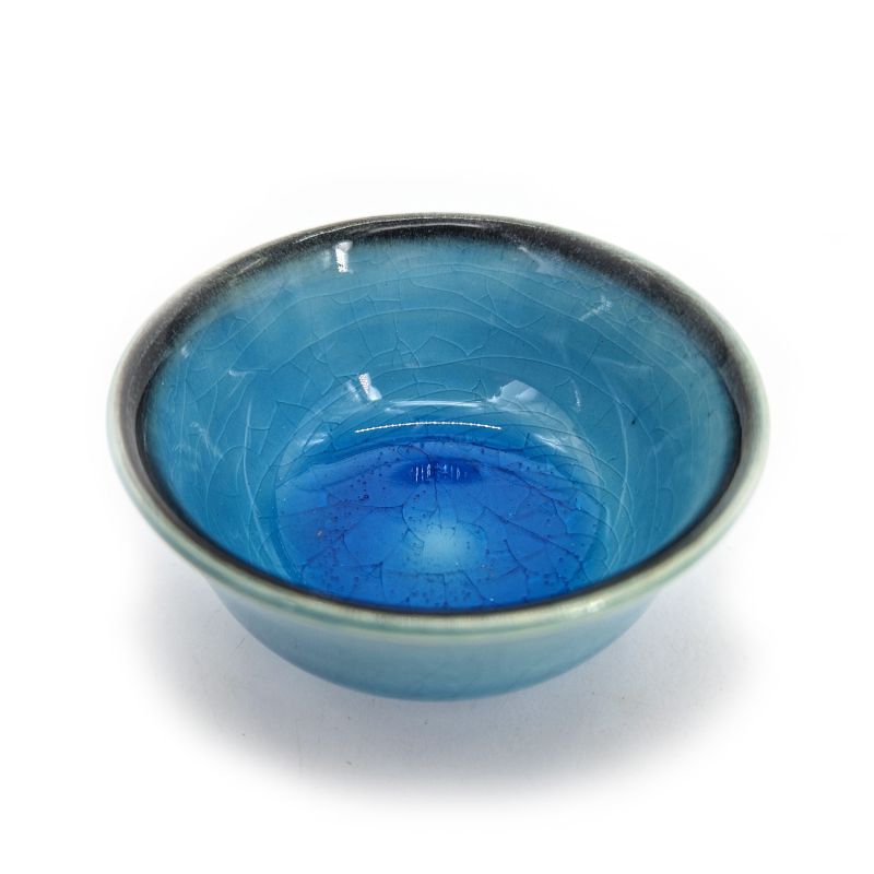 Service à saké japonais en céramique, 1bouteille et 2 tasses, RAGUN, bleu lagon