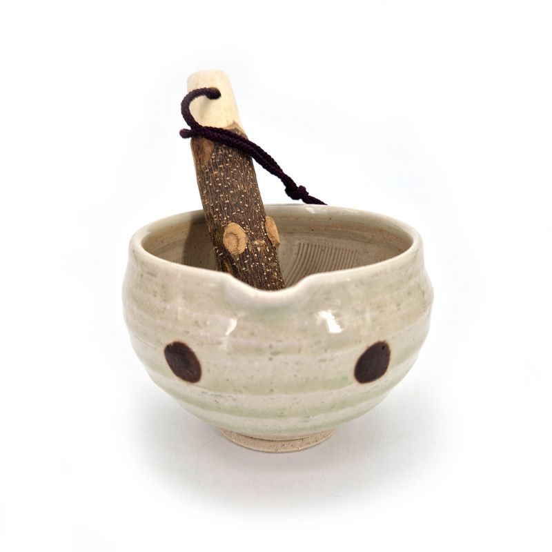 Bol japonais suribachi en céramique - SURIBACHI -Blanc avec point marron
