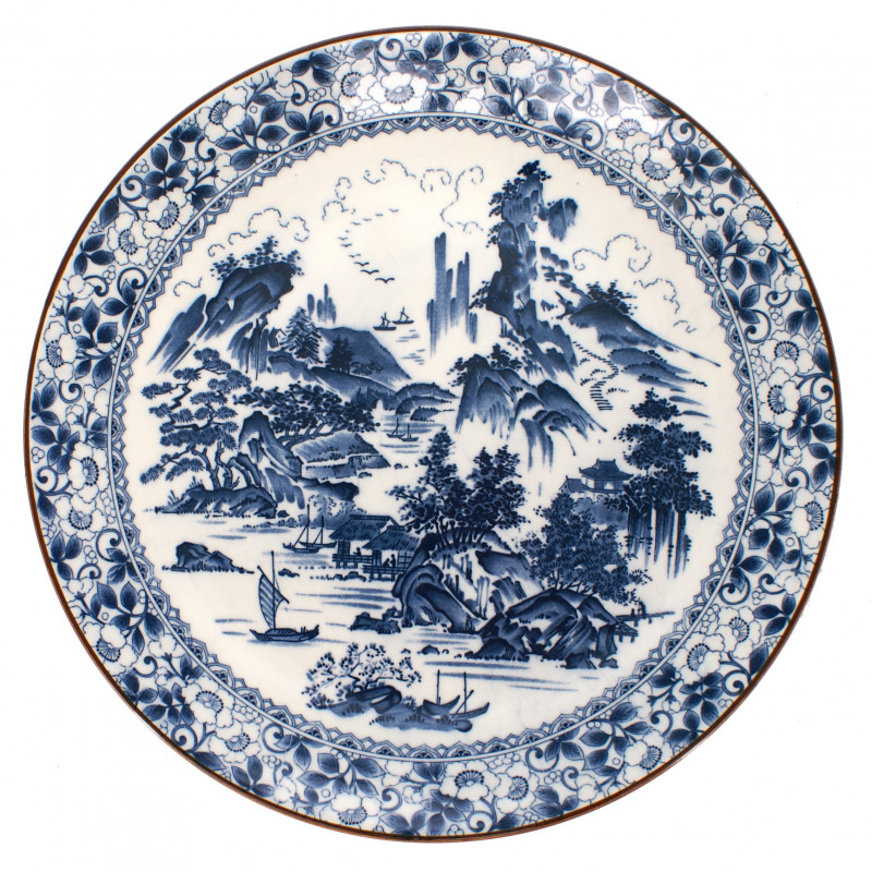 grande assiette avec image paysage bleu couleur blanche en céramique SHIN SANSUI