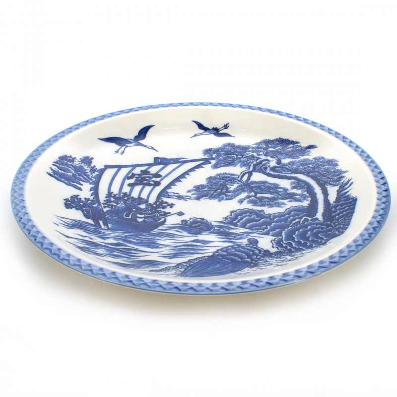 Japanese traditional colour white large-sized plate with blue boat picture and crane in ceramic TAKARA FUNE