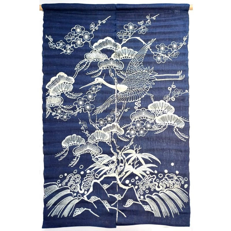 Japanischer handgefertigter Noren-Vorhang, Indigoblau, 100% Ramie, MATSU TSURU