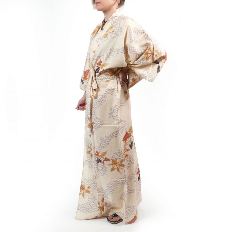 Kimono yukata tradizionale giapponese in cotone beige con motivo a foglie d'acero da donna, YUKATA NAMI MOMIJI