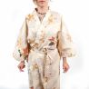 Kimono yukata tradizionale giapponese in cotone beige con motivo a foglie d'acero da donna, YUKATA NAMI MOMIJI