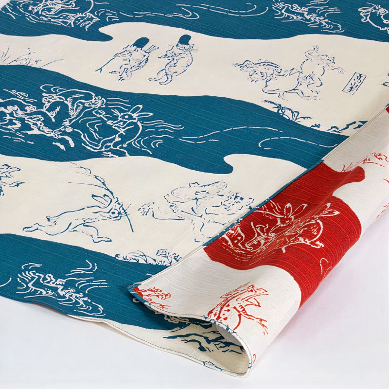 Wendbares japanisches Furoshiki aus grüner und roter Baumwolle mit Affen- und Kaninchenmuster, EMAKI, 48 x 48 cm