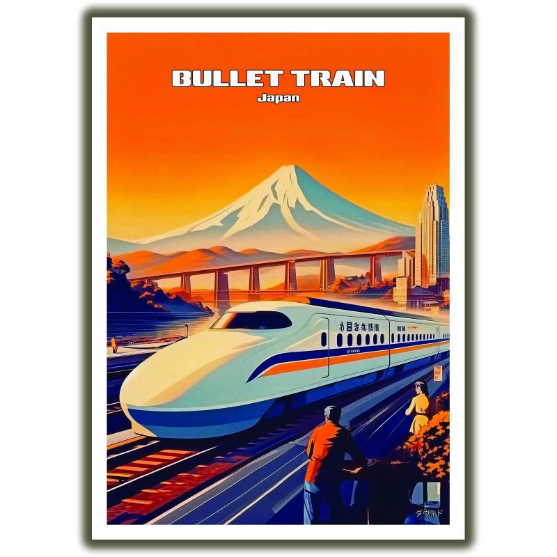 affiche / illustration japonaises "Bullet Train" Shinkansen et mont Fuji , by ダヴィッド