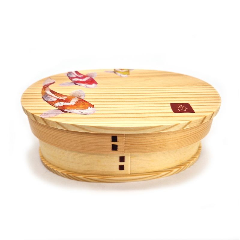 Boîte à repas Bento japonaise ovale en bois motif poissons, NISHIKI 1