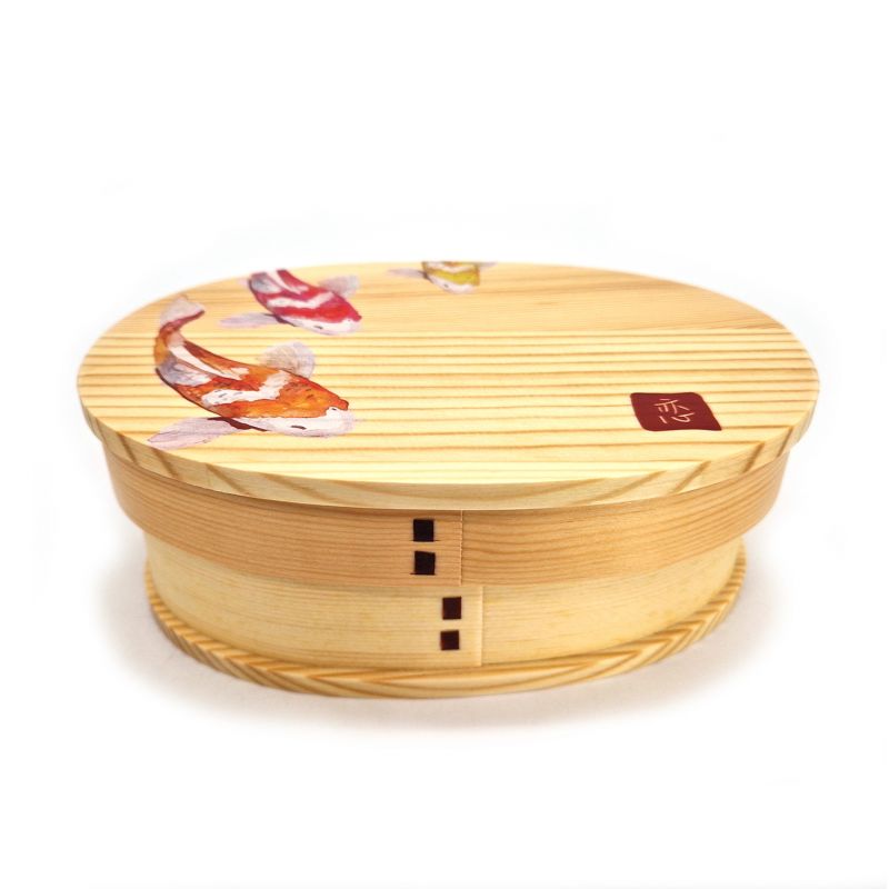 Fiambrera Bento japonesa ovalada de madera con 4 divisores con motivos de peces, NISHIKI