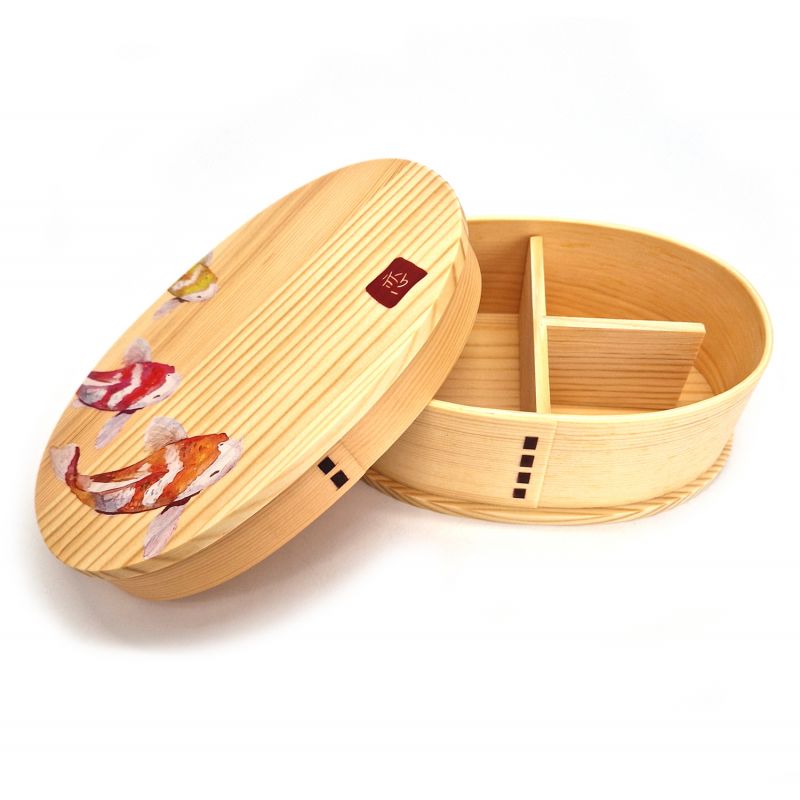 Boîte à repas Bento japonaise ovale en bois avec 4 séparations motif poissons, NISHIKI