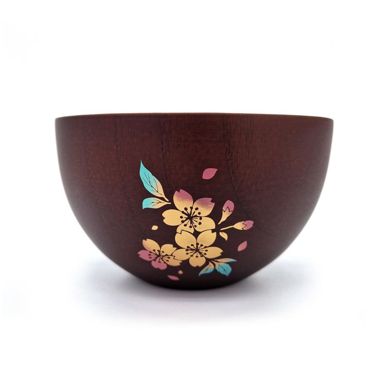 Japanese brown wooden bowl, cherry blossoms - SAKURA NO HANA