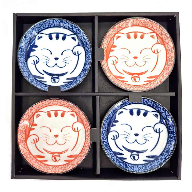 Set de 4 petites assiettes en céramique bleu et rose motif Chat- NEKO