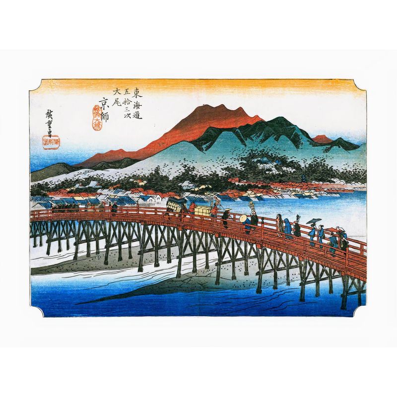 Grabado japonés, Hiroshige Utagawa, Llegada de la ruta Tōkaidō Sanjō Ōhashi a Kioto