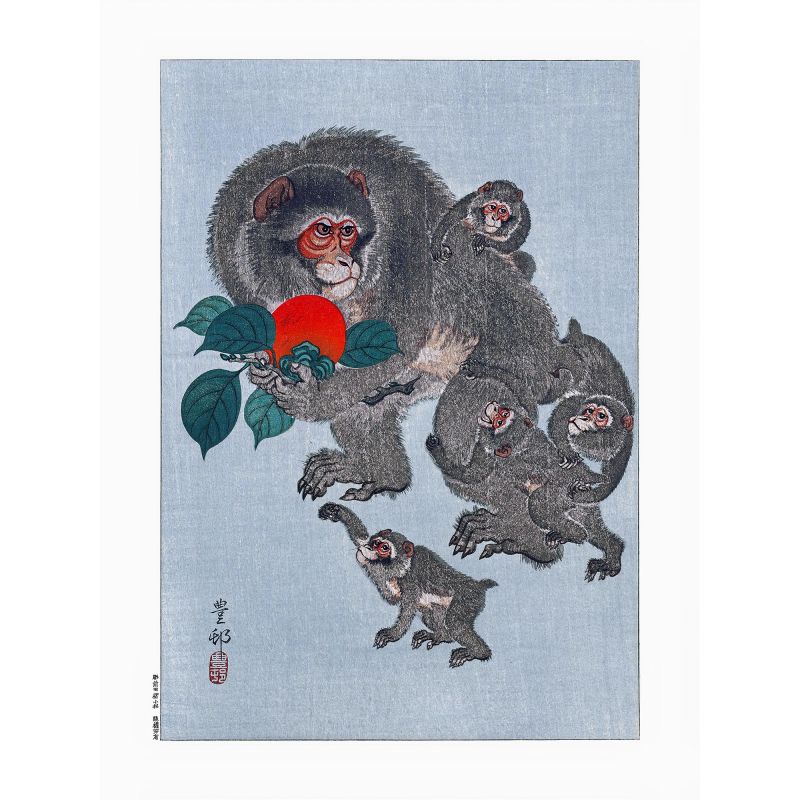 Japanese print, a mother monkey and her infants, OHARA KOSON