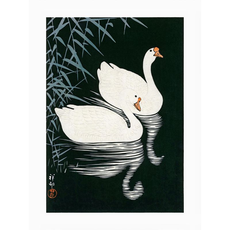 Japanese print, two geese swimming in the night, OHARA KOSON