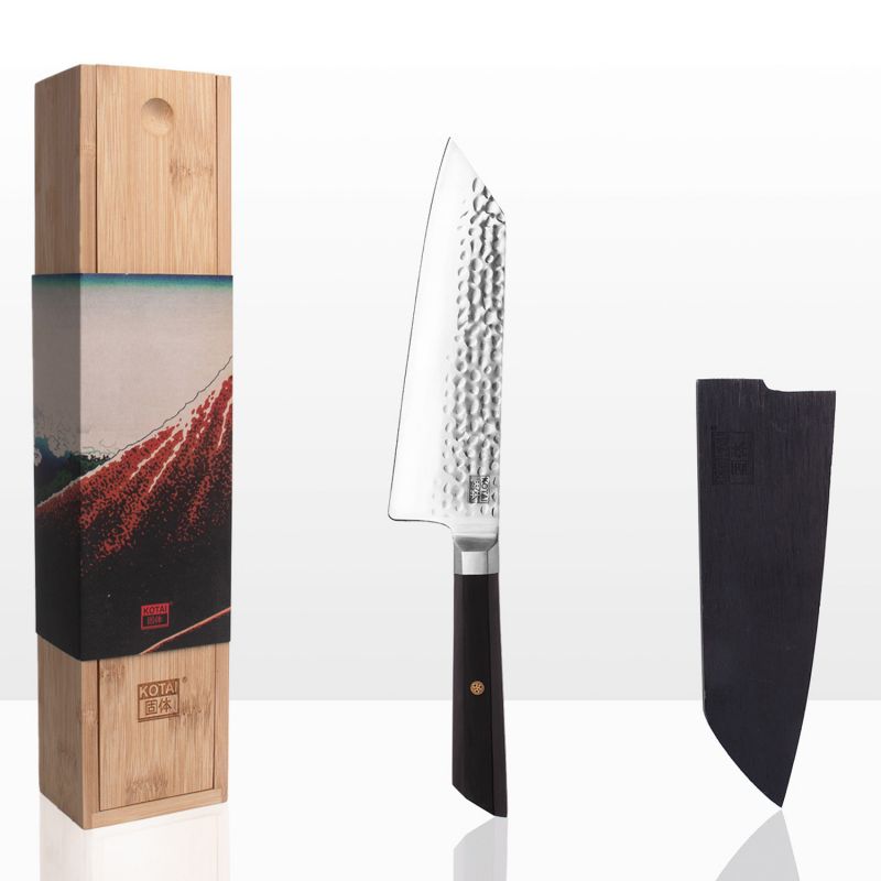 Cuchillo de cocina japonés Santoku Bunka martillado - con saya y caja de bambú - hoja 17 cm
