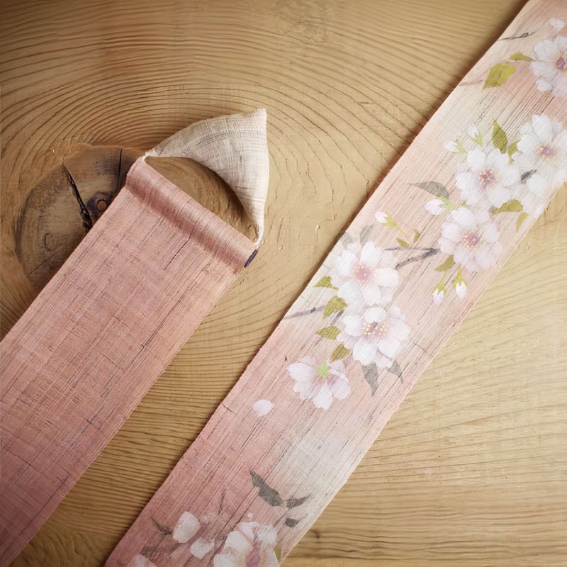 Feiner japanischer Wandteppich aus Hanf, handbemalt, YAEZAKURA, doppelte Kirschblüte