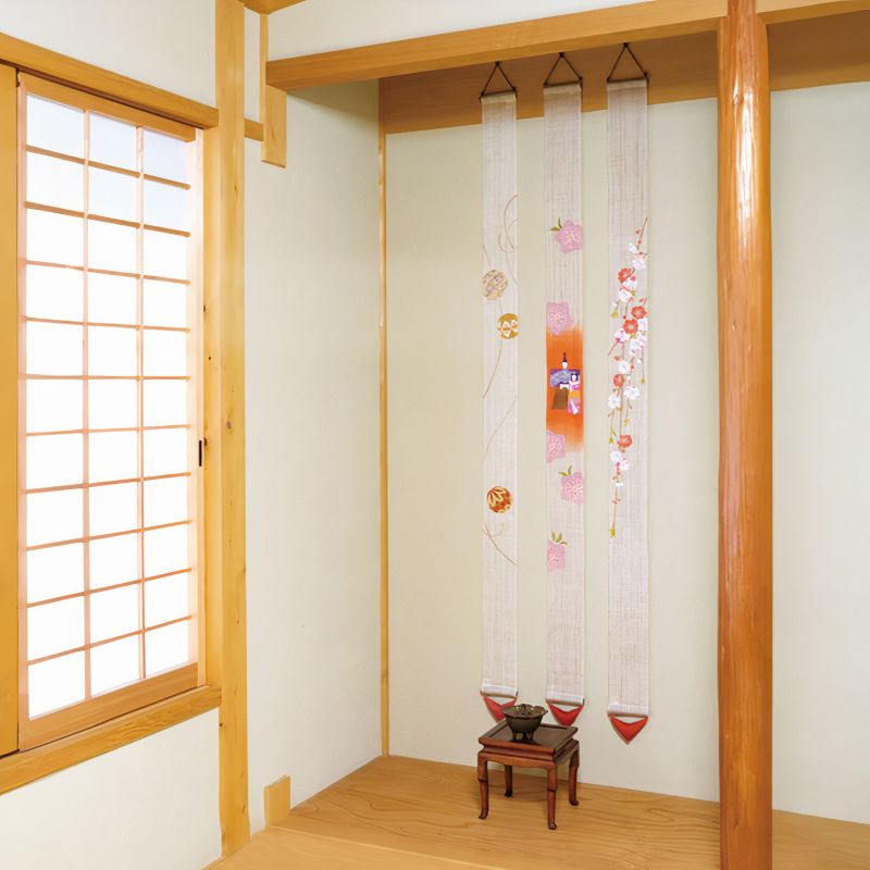 Fine tapisserie japonaise en chanvre beige et orange peinte à la main motif fleurs de pêche, GENPEI HANAMOMO, 10x170cm