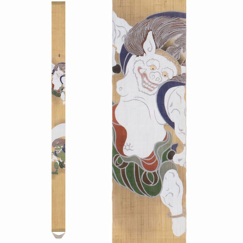 Fine tapisserie japonaise en chanvre jaune peinte à la main motif dieu du vent et de la foudre, FUJIN RAIJIN, 10x170cm