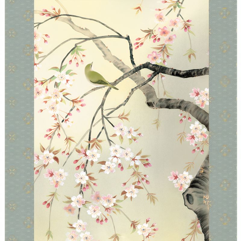 Kakémono Kakejiku Japonais oiseau sur cerisier - SAKURA NO KI NO TORI