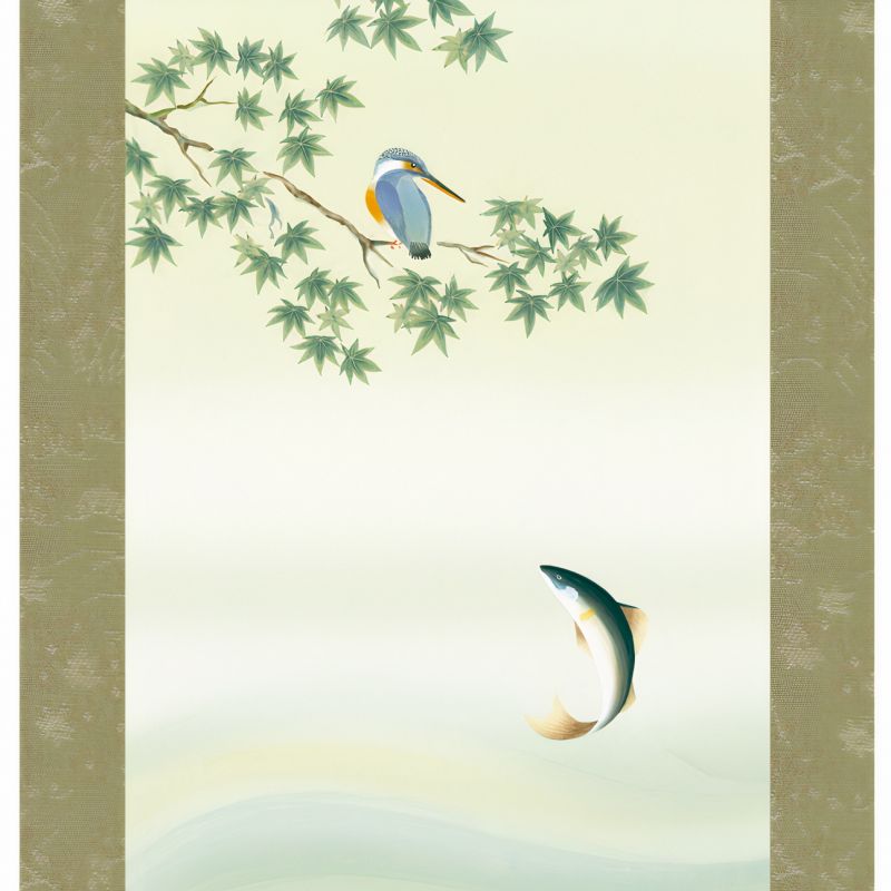 Japanisches Kakemono Kakejiku, Fisch und Eisvogel - SAKANA