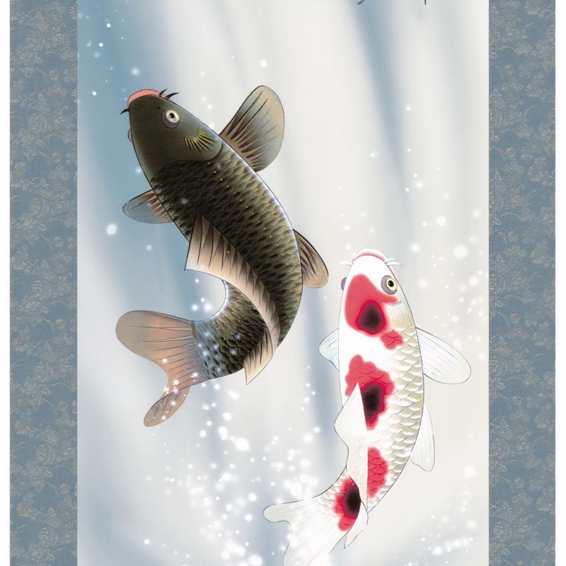 Japanese Kakemono Kakejiku, Koi Jumping - KOI JANPU