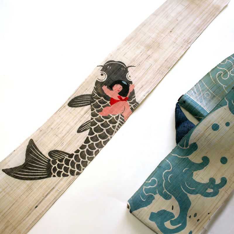 Feiner japanischer Wandteppich aus Hanf, handbemalt, KOINORI KINTARO, Kintaro Riding a Carp